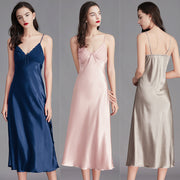 Women’s ice silk sleeveless nightgown available in navy blue, pink, light tan
