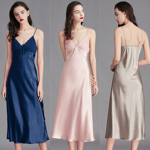 Women’s ice silk sleeveless nightgown available in navy blue, pink, light tan