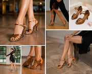 Elegant women’s satin Latin dance heels featured in lifestyle scenes for ballroom, salsa, tango, and dance practice with close-up views and studio photography.
