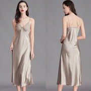 Women’s light tan ice silk sleeveless nightgown front and back view
