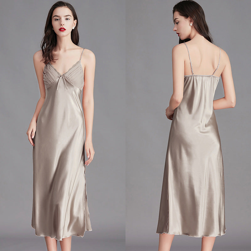Women’s light tan ice silk sleeveless nightgown front and back view
