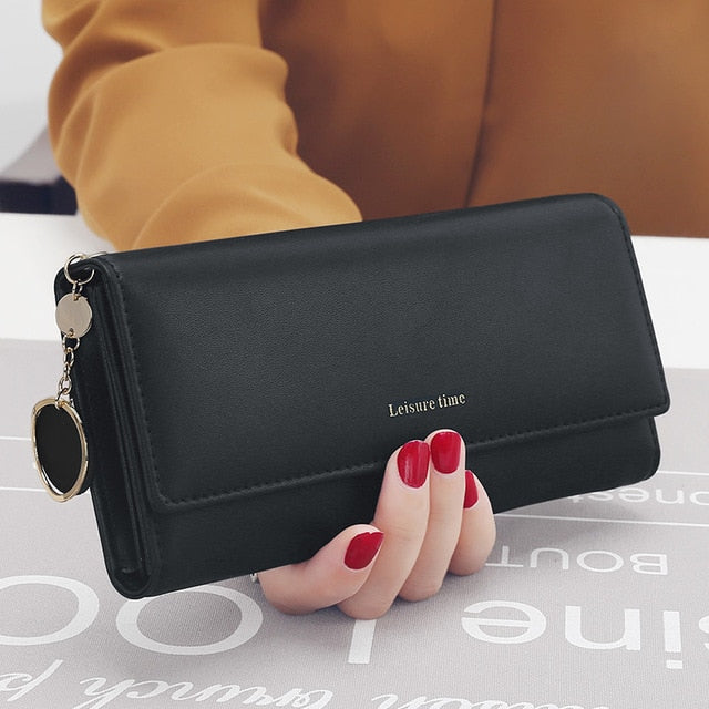 Black women's long PU leather wallet with elegant everyday clutch design
