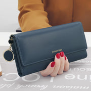 Blue women's long PU leather wallet with spacious card holder and coin pocket
