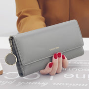 Gray women's long PU leather wallet with multiple storage compartments
