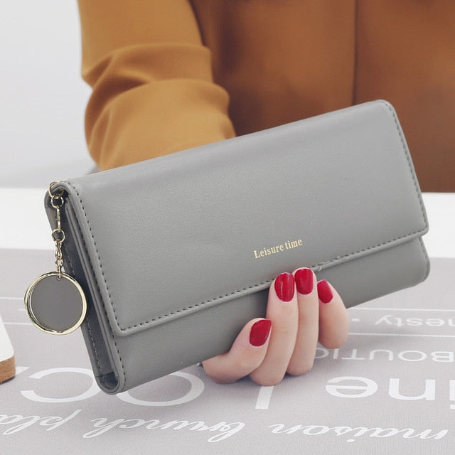 Gray women's long PU leather wallet with multiple storage compartments
