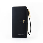 Black women's long wristlet wallet with multiple compartments and wrist strap.
