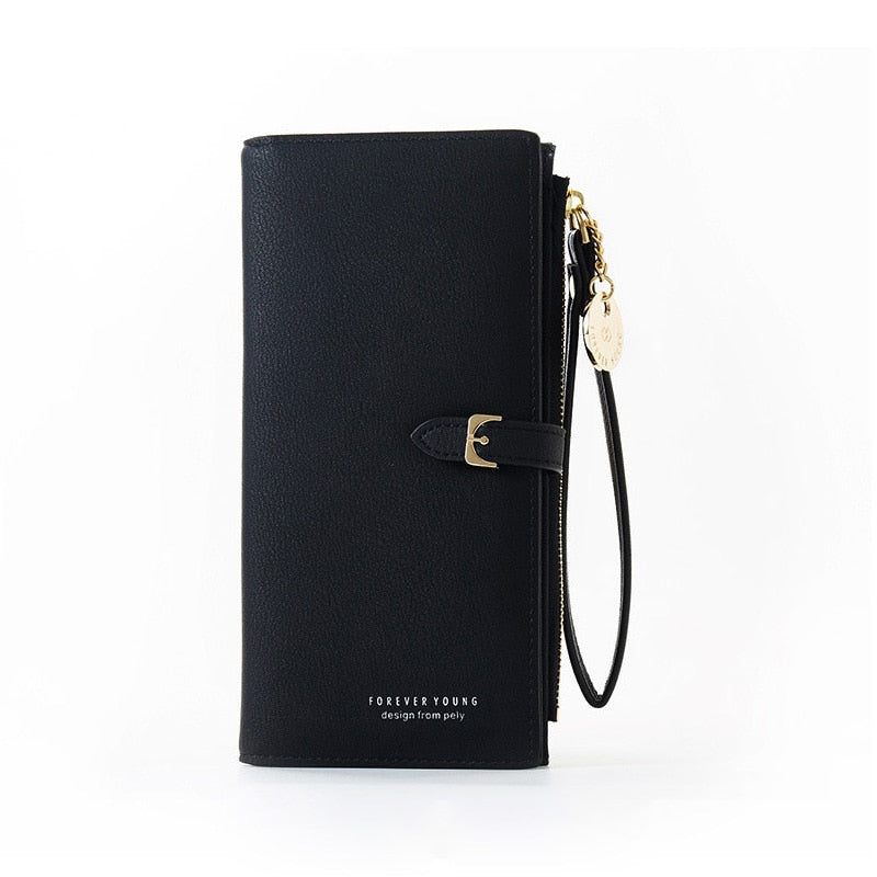 Black women's long wristlet wallet with multiple compartments and wrist strap.
