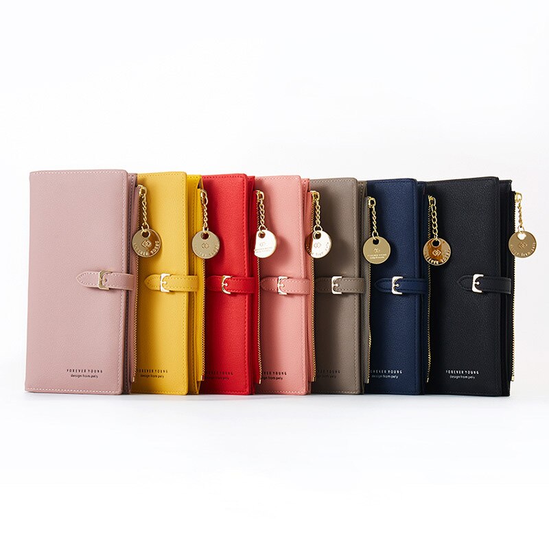 Women's long wristlet wallet collection available in black, dark pink, gray, pink, red, and dark blue.
