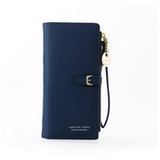 Dark blue women's long wristlet wallet with card slots, phone compartment, and wrist strap.
