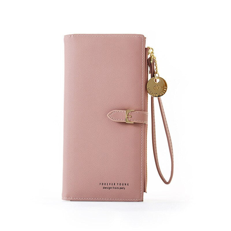 Dark pink women's long wristlet wallet with multiple card slots and wrist strap.
