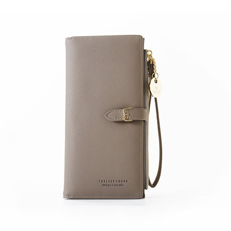 Gray women's long wristlet wallet with zipper compartment and wrist strap.
