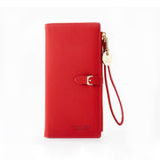Red women's long wristlet wallet with multiple compartments and secure closure.

