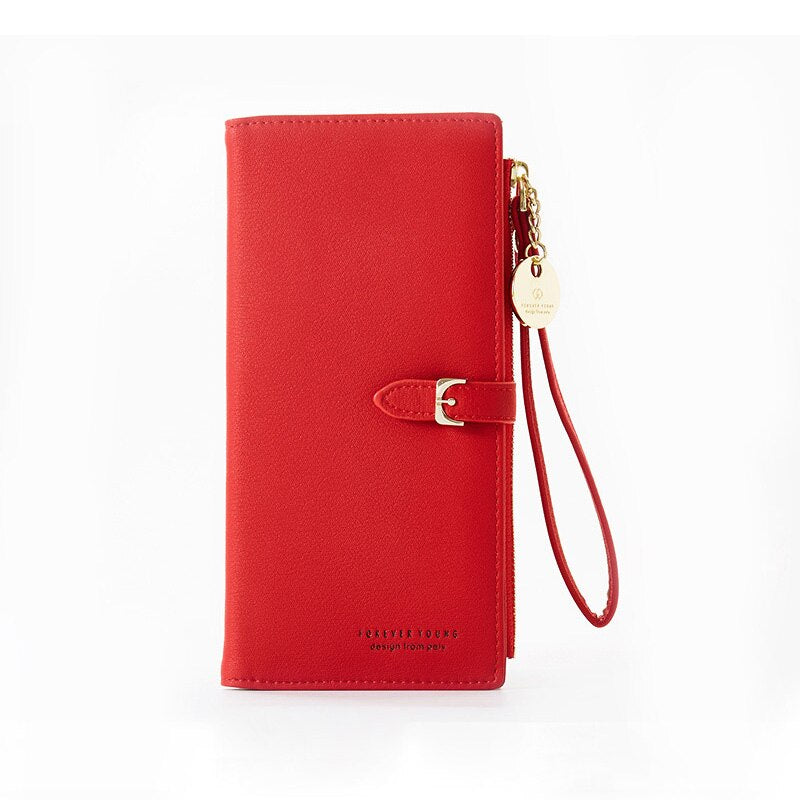 Red women's long wristlet wallet with multiple compartments and secure closure.

