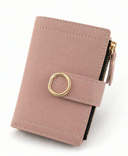 Women's mini PU leather coin purse wallet in hot pink with snap closure and zip pocket.
