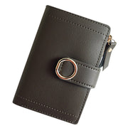 Army green women's mini PU leather wallet with snap closure, card slots, and zip coin pocket.
