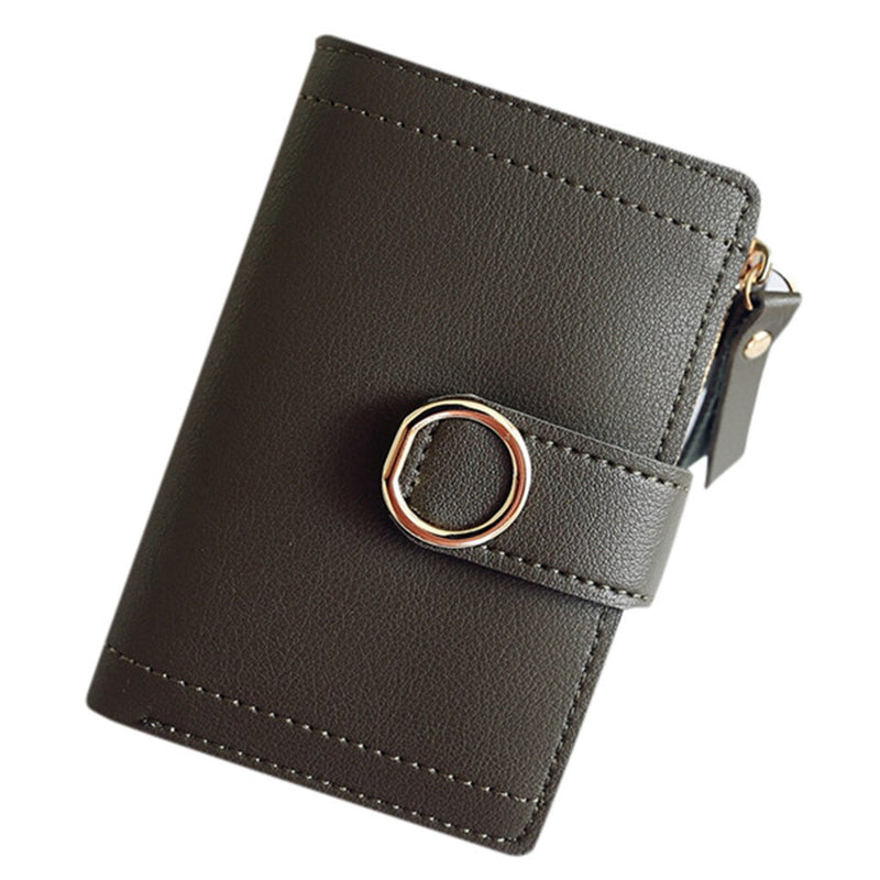 Army green women's mini PU leather wallet with snap closure, card slots, and zip coin pocket.
