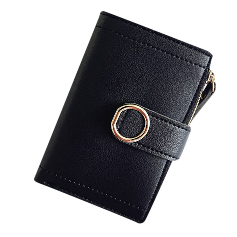 Black women's mini PU leather coin purse wallet with zipper pocket.
