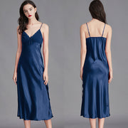 Women’s navy blue ice silk sleeveless nightgown front and back view
