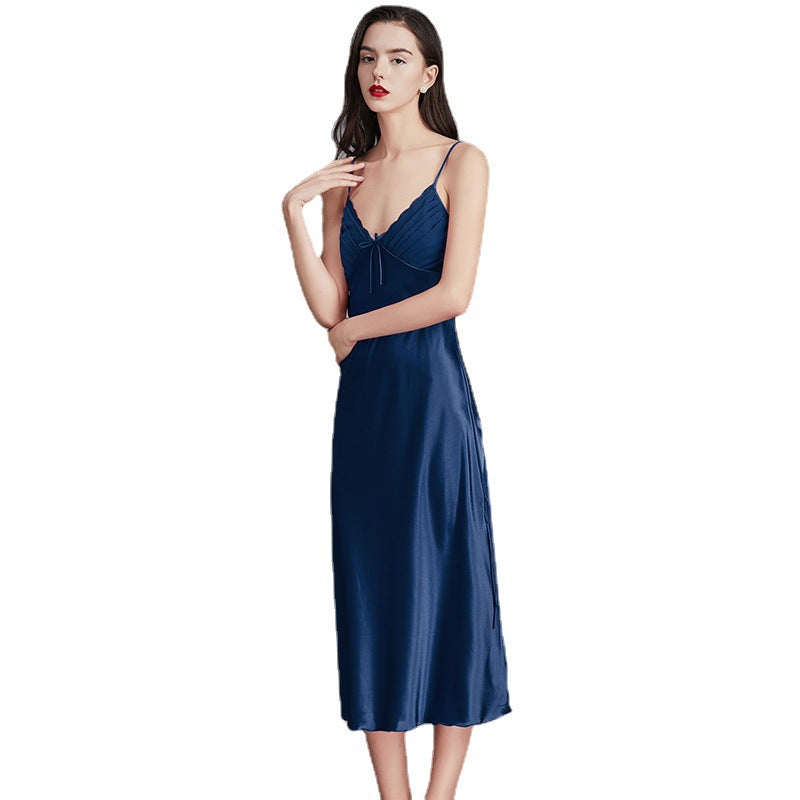 Women’s navy blue ice silk sleeveless nightgown front view
