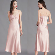 Women’s pink ice silk sleeveless nightgown front and back view

