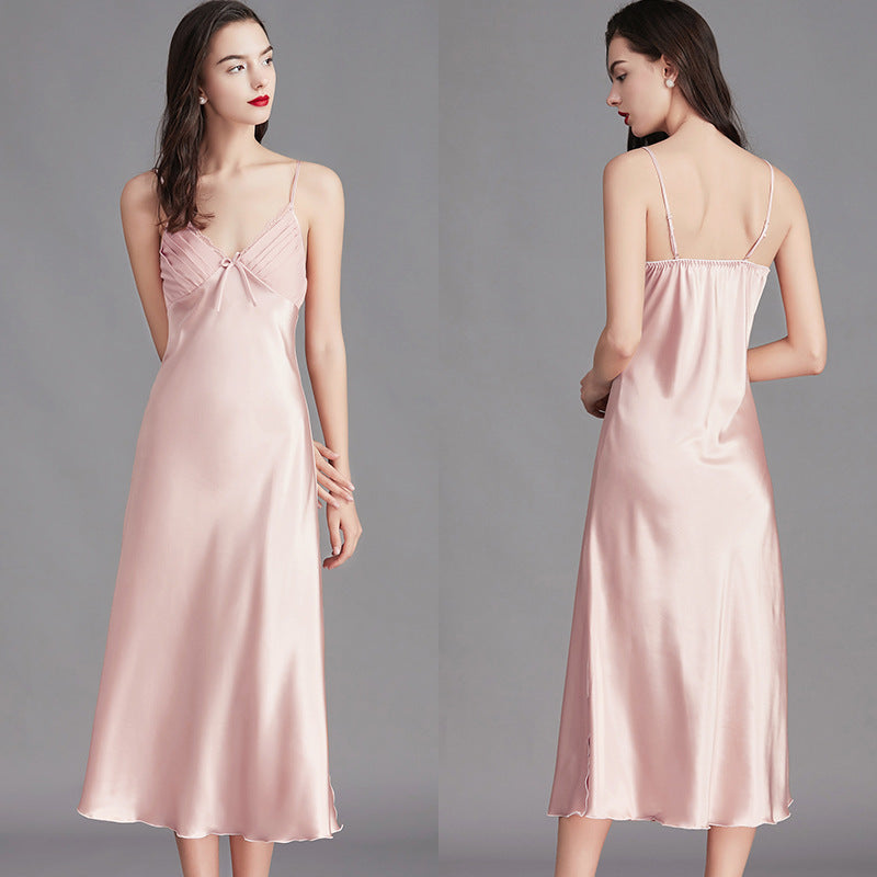 Women’s pink ice silk sleeveless nightgown front and back view
