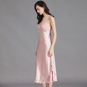 Women’s pink ice silk sleeveless nightgown side view with elegant midi length
