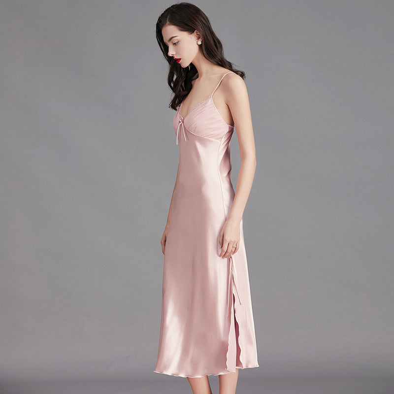 Women’s pink ice silk sleeveless nightgown side view with elegant midi length

