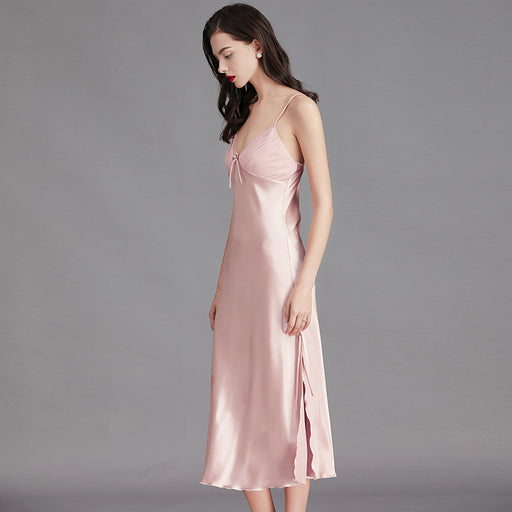 Women’s pink ice silk sleeveless nightgown side view with elegant midi length

