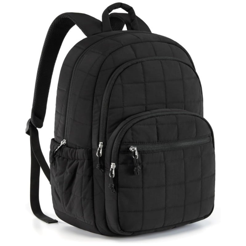 Black quilted women’s travel backpack with multiple storage pockets and lightweight nylon design