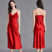 Women’s red ice silk sleeveless nightgown front and back view
