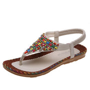 Women’s beige rhinestone flat sandals with comfortable Roman style
