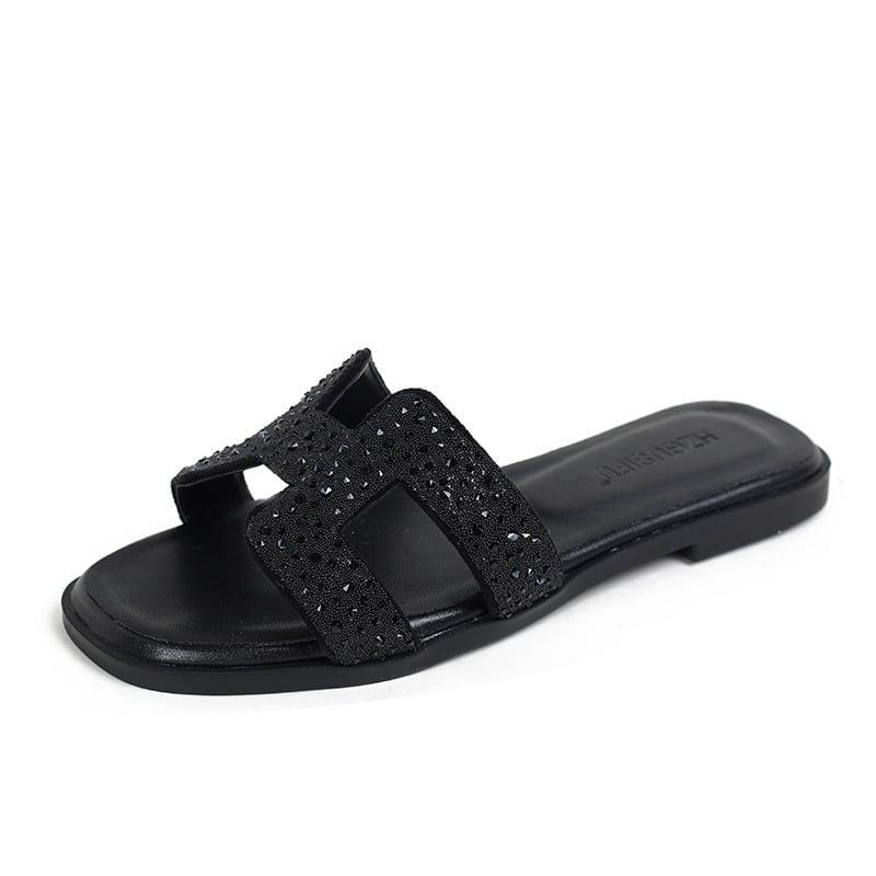 Women’s black rhinestone slide sandals with sparkling crystal embellishments
