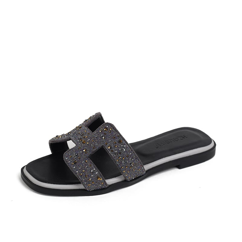 Women’s gray rhinestone slide sandals with sparkling crystal embellishments
