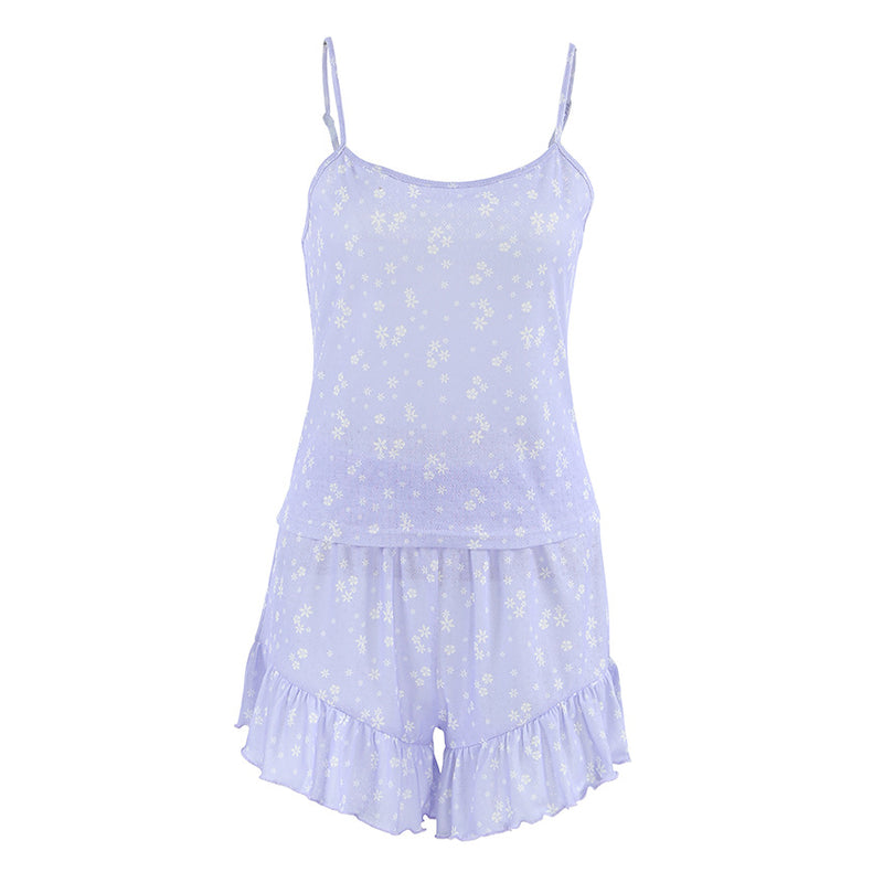 Women's soft printed pajama shorts set with spaghetti strap camisole and ruffle shorts in lavender.
