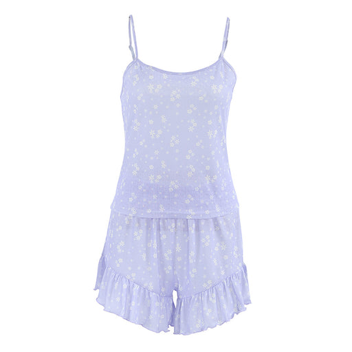 Women's soft printed pajama shorts set with spaghetti strap camisole and ruffle shorts in lavender.
