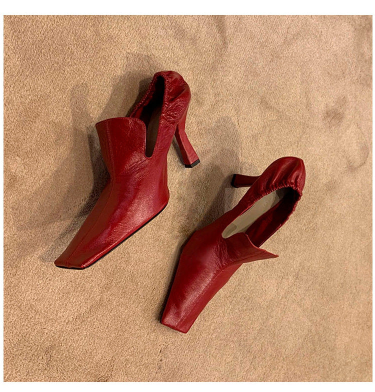 Women’s burgundy square toe mule heels with pointed fashion style
