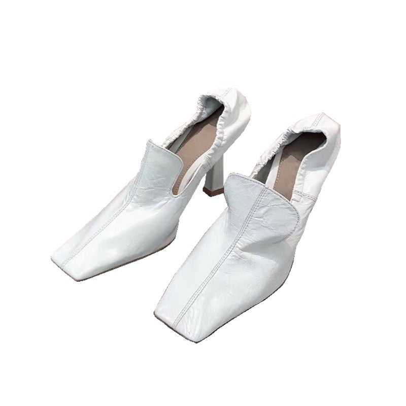 Women’s white square toe mule heels with elegant stiletto heel
