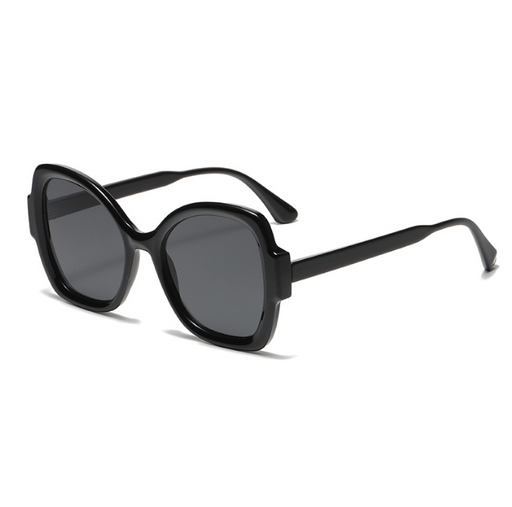 Women’s oversized UV400 sunglasses with black frame and black lenses in front side view.
