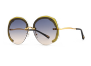 Yellow blue rimless oversized cut lens sunglasses featuring blue gradient lenses and gold metal frame details.
