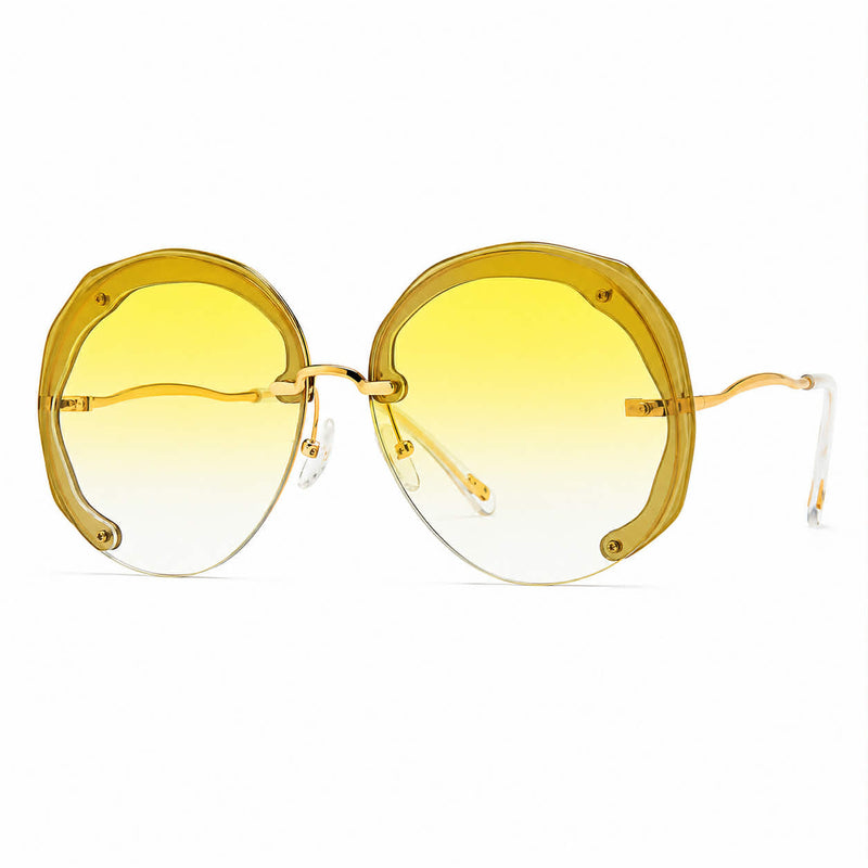 Yellow yellow rimless oversized cut lens sunglasses with translucent yellow frame accents and gold temples.
